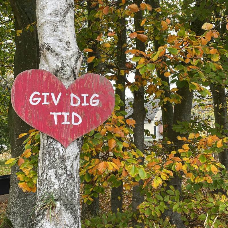 Hjerteskilt med tekst "Giv dig tid" med efterårstræer i baggrund