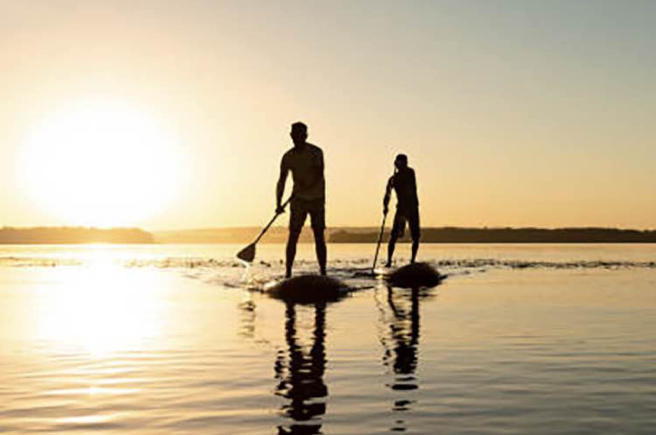 To personer laver teambuilding på SUP-boards i solnedgang